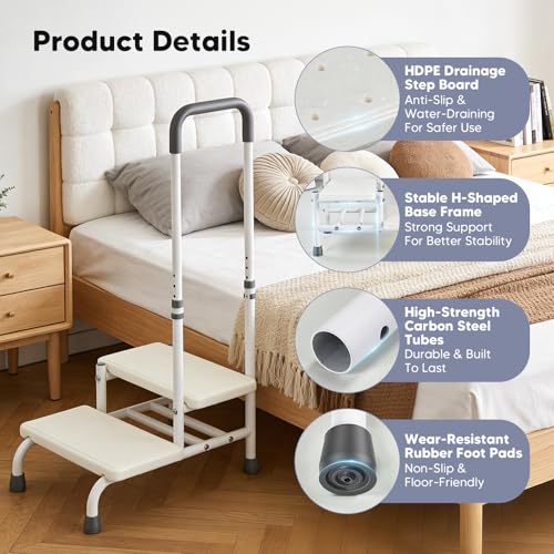 Mobile Safety Step Stool for Elderly - 5 Sections Height Adjustable Non-Slip 2 Step Stool with Handle for Elderly Shower Bath Bed Kitchen Car Caravan