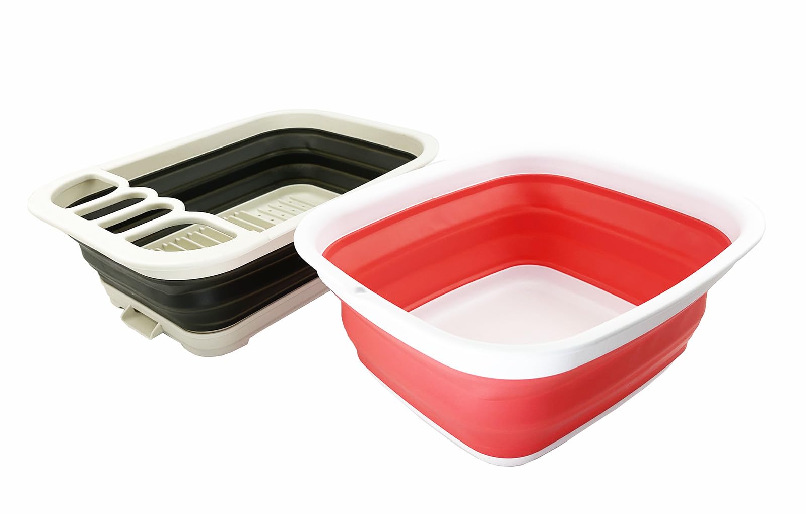 SAMMART 2pcs Kitchen & Outdoor Set : Collapsible Dish Drainer with Drainer Board & Collapsible Plastic Bucket (Washed Black+Coral Pink, 2)