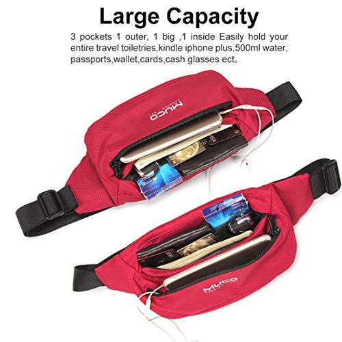 MUCO Travel Running Waist Fanny Pack for Women and Men Water Resistant Lightweight Waist Bag Waist Pack Hip Bum Bag with Adjustable Strap for Outdoors Travel Running Hiking Cycling, Red - Thumbnail 4