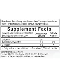 Premiun Pure D-Ribose en polvo, 17.64 oz (1.1 libras), grado farmacéutico USP, potenciador de...