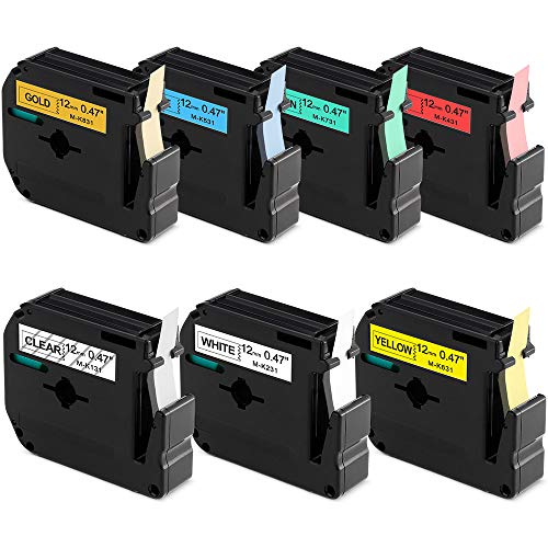 Replace P-Touch Tape MK131 MK231 MK431 MK531 MK631 MK731 MK831 Label Tape Compatible Brother P Touch PT-M95 PT65 PT70, 0.47 Inch x 26.2 Feet, 7 Pack(Black on Clear White Red Blue Yellow Green Gold)
