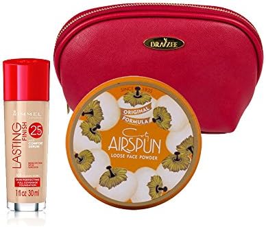 Two Piece Rimmel Kit with Rimmel Long Lasting Coverage Foundation (Classic Ivory, 1 Oz), Coty Airspun Loose Powder (Suntan, 2.30 Oz) with Deep Red Draizee Leather Cosmetic Bag