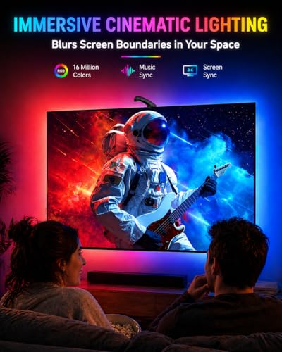 QTU TV LED Backlight with Sensor, LED Sync Lights for TV 55-65 Inch, Smart Camera Sync to Screen, Ambient RGB Strip Lights for Gaming & Home Theater, App Control (14.7ft)