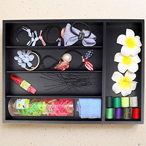 Silverware Utensil Tray Wooden Cutlery Drawer Dividers 5 Compartments Flatware Organizer Storage Holder Black Color Bamboo Flatware Organizer Good for Kitchen Office Supplies Cosmetics