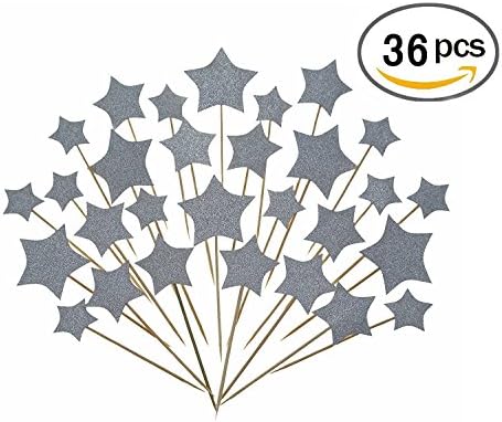 Twinkle Silver Star Cupcake Toppers DIY Glitter Mini Birthday Cake Snack Decorations Picks Supplies Party Accessories for Wedding Baby Shower 36pcs