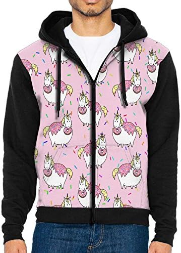 Joapron Funny Fat Unicorn Eating Dount Men's Zipper Splicing Overcoat Belt Hat and Pocket XXL