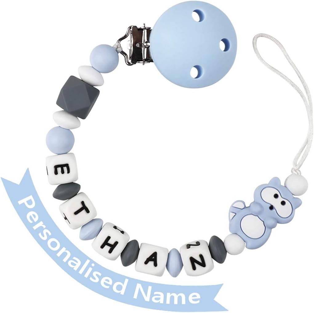 MCGMITT Dummy Clips Personalised Name Boy Teething Silicone Baby Pacifier Chain Soother Chain BPA Free Teething Relief Beads Binky Teether Holder (Blue)