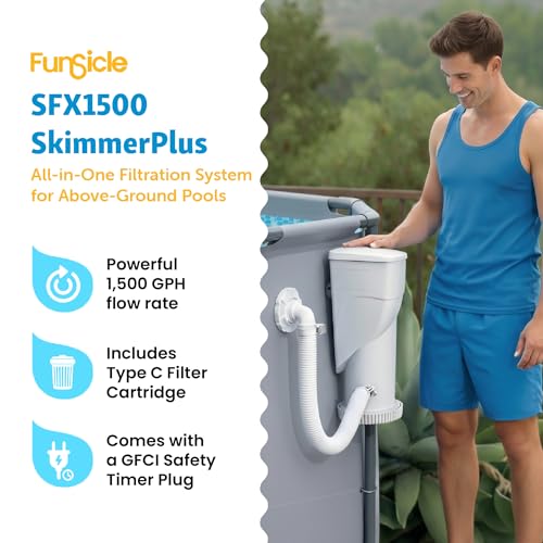 Funsicle SkimmerPlus 1,500 GPH 2-in-1 Filter Pump and Skimmer System for Above Ground Swimming Pools - Pool Cleaning and Maintenance