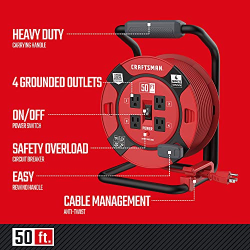 CRAFTSMAN Retractable Extension Cord Reel 50 Ft. With 4 Outlets & Heavy