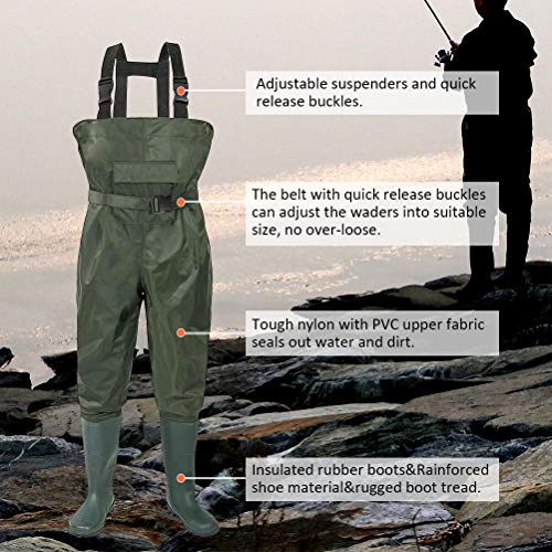 Kingdom Chest Waders Waterproof - Hunting & Fishing Waders with Neoprene Boots, Nylon and PVC Insulated Material (Green, M13/W15)
