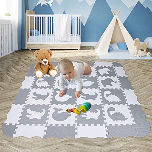 qqpp EVA 16 Tiles Baby Play Mat with Fence for Playing, Interlocking