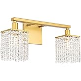 Living District Phineas Midcentury Modern 2 Light Bathroom Wall Sconce in Brass and Clear Crystals