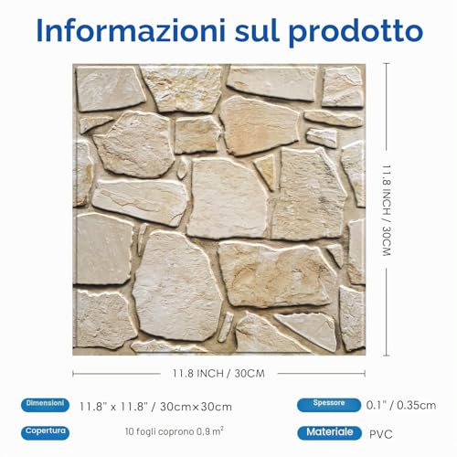 COMSTICKC 3D Stone Adhesive Panels, 10 Pieces 30 x 30 cm, 3D Brick Wall Stickers, PVC Faux Stone Panel for Decorative Walls Indoor Kitchen, Bathroom, Living Room, Waterproof
