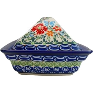 Polish Pottery Ceramika Boleslawiec, 0352/238, Butter Dish Deep, 2 Cubes, Royal Blue Patterns with Red Cornflower and Blue Butterflies Motif