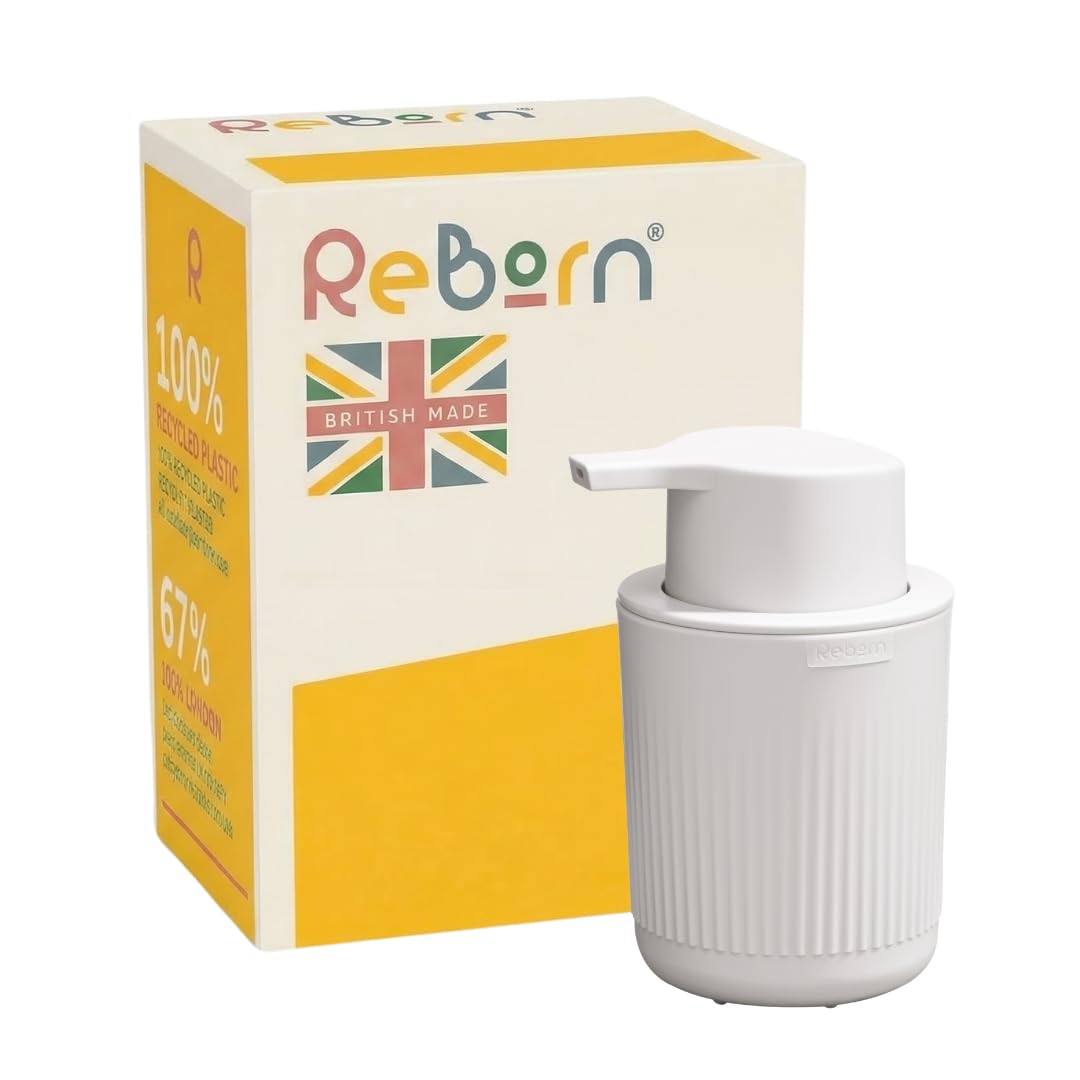 ReBorn Recycled Soap Dispenser - Bathroom Soap Pump - Easy to use One-handed Push Pump - Wide Base - Refillable with 250ml Capacity - Made in Britain from Recycled Materials (Stone)