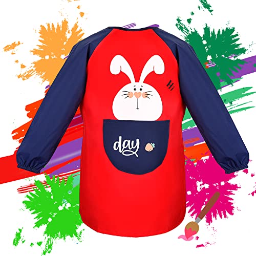 Romon Malschürze Doppelschicht Wasserdicht Malerkittel Schule mit Taschen, Malkittel Kinder 6~8 Jahre, Bastelschürze Malerei-Rot