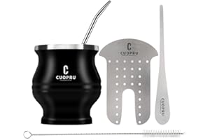 Cuopru Yerba Mate Cup - Mate Gourd Set Includes Double Walled Stainless Steel Tea Cup, Tea Shaper set, Bombilla Straws, Clean