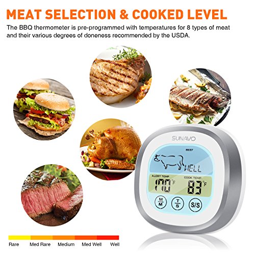Sunavo MT-04 Touchscreen Cooking Meat Thermometer Digital Food Thermometer Instant Read with Timer Alert for Kitchen Oven Cooking BBQ Grill Smoker with Stainless Steel Temperature Probe