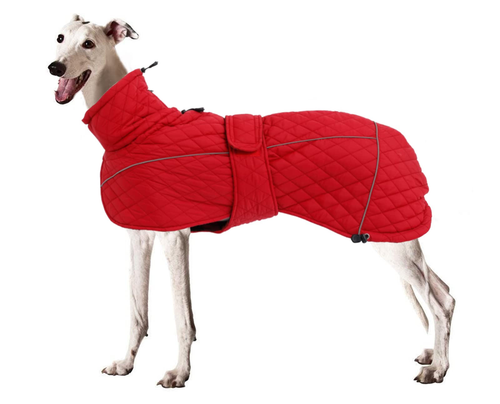 Greyhound lurcher winter coat whippet warm coats water resistant dog jacket hook loop closure zipper harness hole - Red - Xlarge