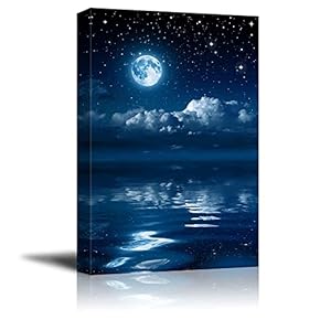 Canvas Prints Wall Art - Full Moon Gleaming Over Water | Modern Wall Decor/Home Decoration Stretched Gallery Canvas Wrap Giclee Print. Ready to Hang - 12" x 18"