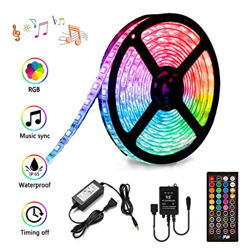 LED Strip Lights Sync to Music, Kousee 16.4ft Flexible 5m Self-Adhesive RGB Light Strips Remote Color Change IP65 Waterproof 150LEDs 5050 Tape Lights Neon Ribbon Room Mood Lighting 12V for Bedroom
