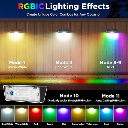 Quntis Set of 4 Outdoor Solar Wall Light with Linear Light Effect, IP44 Solar Outdoor Wall Light, Warm/Cold White Solar Wall Light and RGB Modes for Wall, Fence, Yard, Terrace