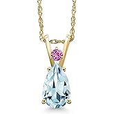 Gem Stone King 14K Yellow Gold Sky Blue Aquamarine and Pink Created Sapphire Pendant Necklace for Women | 0.78 Cttw | Gemstone March Birthstone | Pear Shape 8X5MM | With 18 Inch Chain