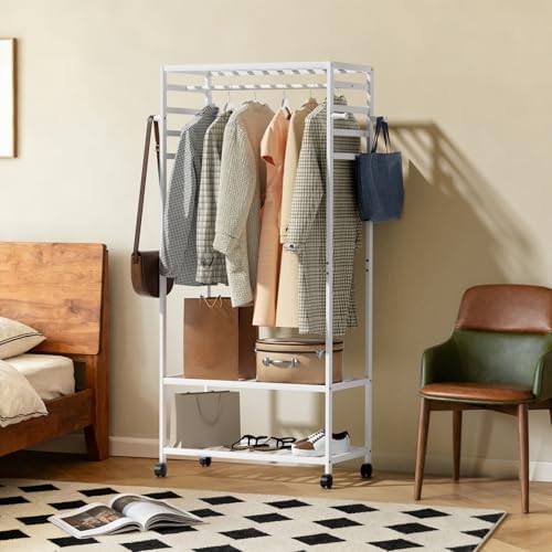 Porte Vêtements sur Pieds Roulant Blanc: Armoire Ouverte Penderie Bambou Porte Manteau et Chaussures avec 1 Barre et 4 Patères Idéal pour Maison Salon Chambre Entrée - 78x41x169cm