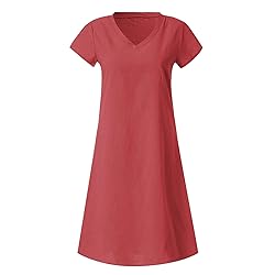 Women's Summer Cotton Linen Dress Loose V-Neck