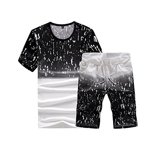 BOLUOYI Men's Fashion Hoodies & Sweatshirts,Black Pullover Hoodie Men,Mens Printing Short Sleeve O Neck Shirt Tops Casual Pant Suit,Black,XL