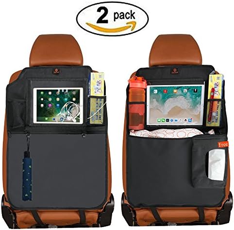Car Kick Mats Backseat Organizer Back of Seat Protector 2 Packs with 1 Tissue Box,10" Touch Screen Pocket-Use as Protector Backseat, Car Seat Storage, Car Organizer