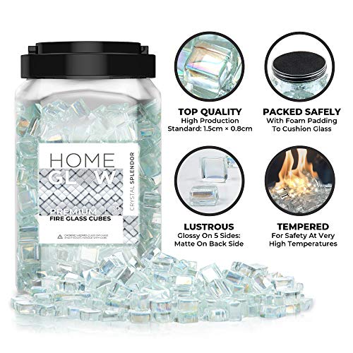 HomeGlow Fire Glass Cubes. Clear Platinum Reflective Luster. Premium