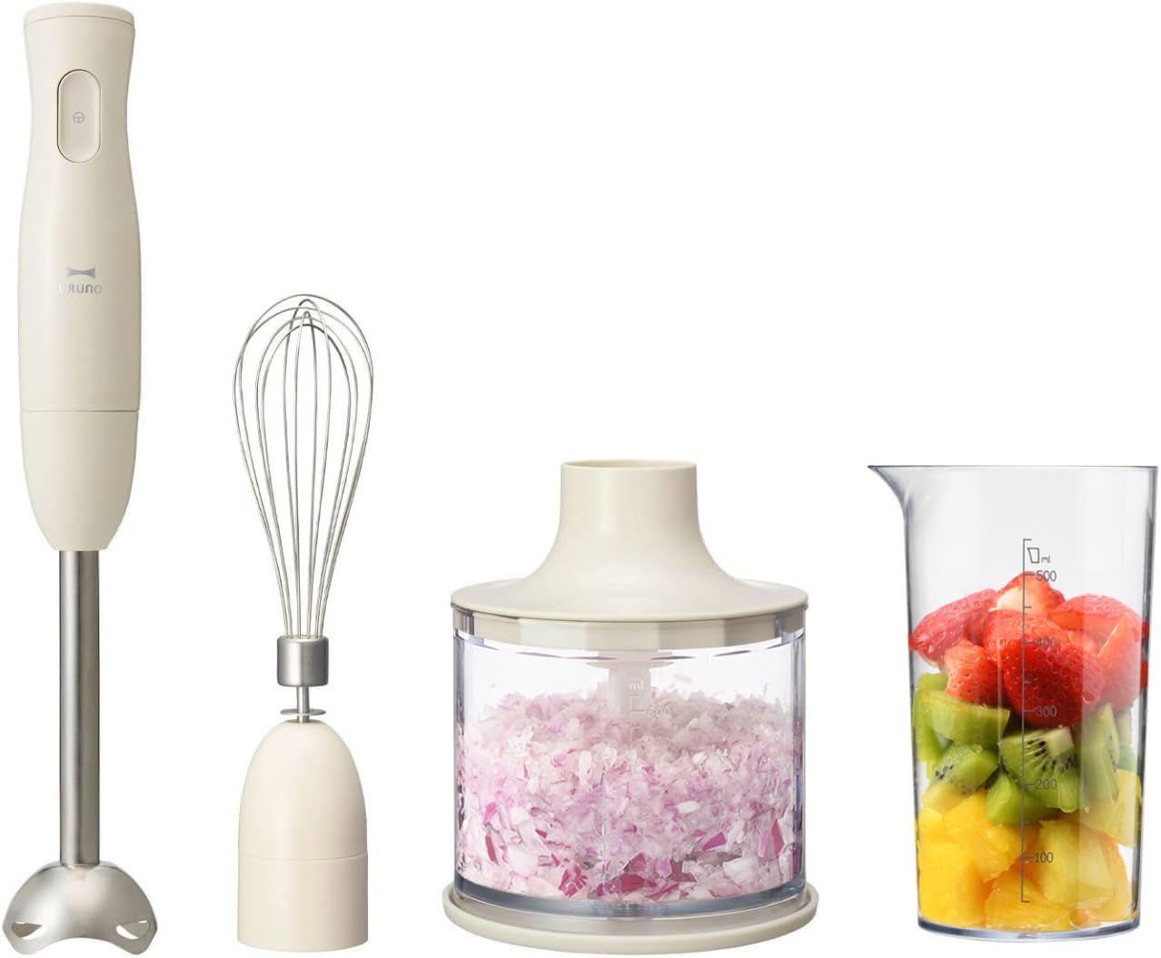 BRUNO ブルーノ マルチスティックブレンダー 離乳食 1台5役 (混ぜる つぶす 刻む 砕く 泡立てる) アイボリー ギフト プレゼント お祝い 人気 キッチン家電 ミキサー フードミキサー フードプロセッサー 氷も砕ける 泡立て 泡立て器 洗いやすい おしゃれ かわいい 刻む 氷対応 初心者 つぶす アタッチメント 5役 7760354 BOE034-IV商品画像