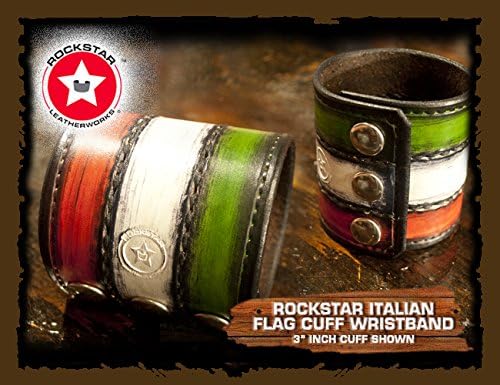 Grunge Italian Flag Leather Cuff Wristband, Red, White and Green All Hand Stitched by Rockstar Leatherworks