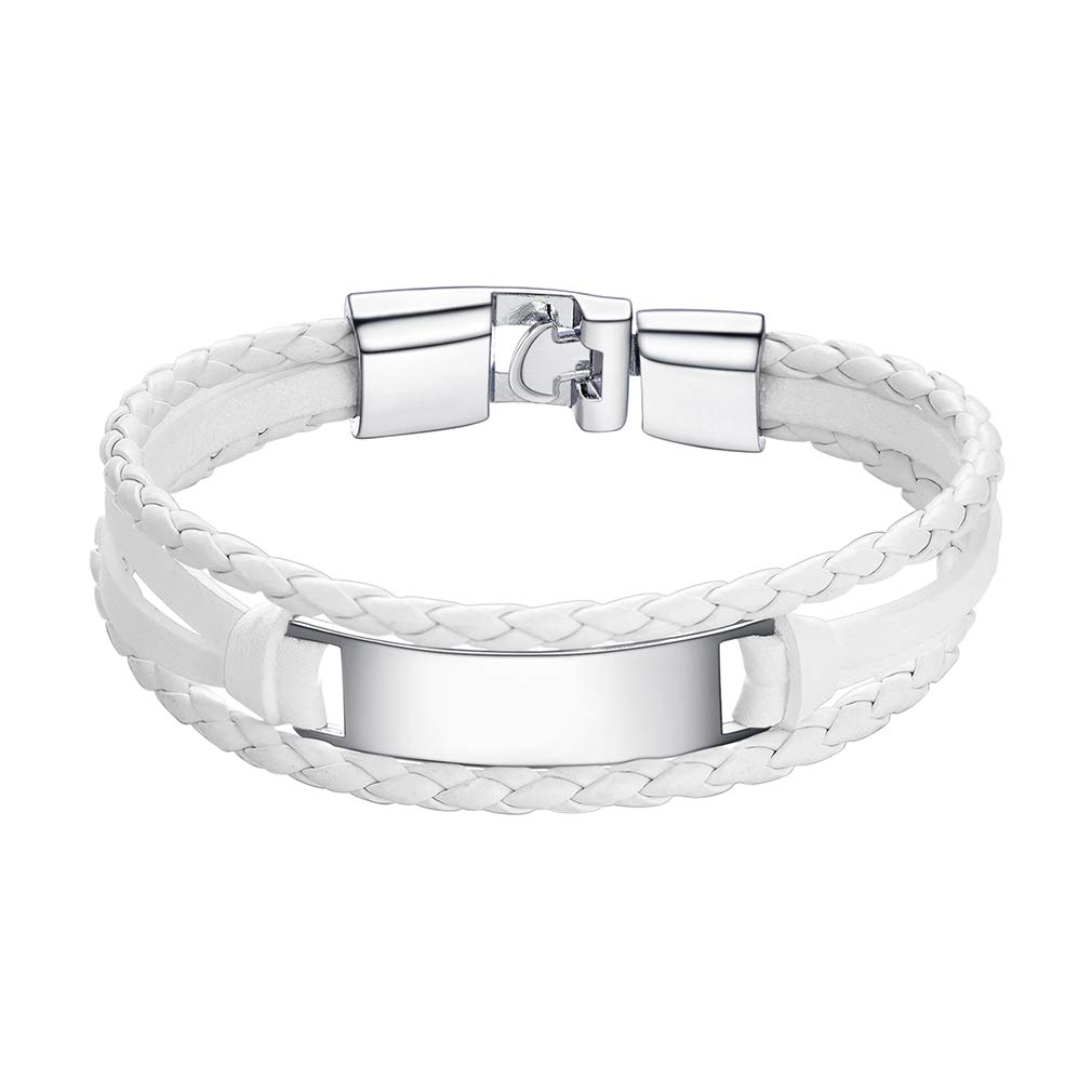 Custom4U White PU Leather Bracelet for Girls Women Lovely Braided Strands Leather Rope Bracelet Gifts for 3rd Anniversary