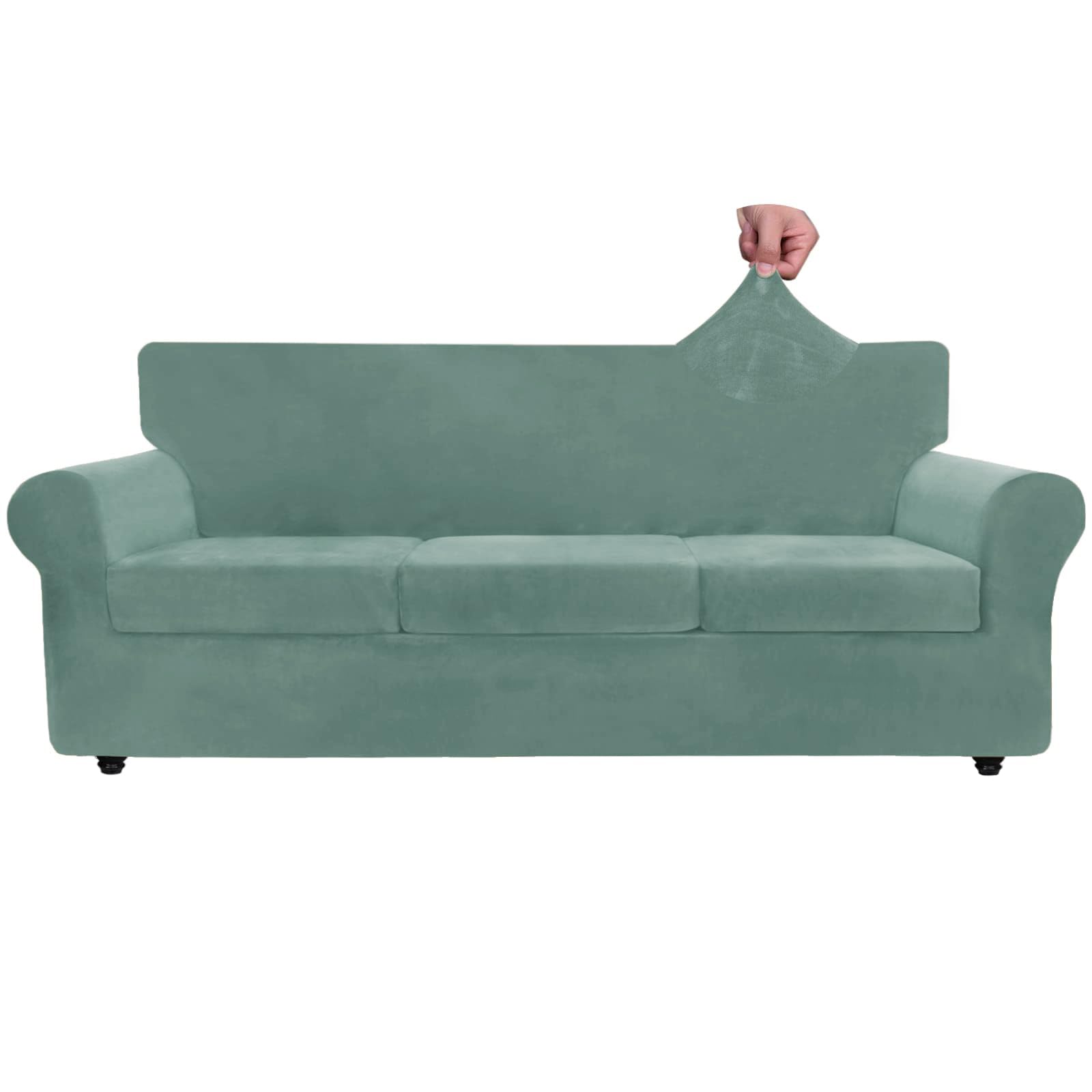 Photo 1 of ZNSAYOTX Oversized Velvet Couch Cover 4 Piece (92"-115") Stretch Sofa Covers for 3 Cushion Couch Thick Soft XL-Slipcover with Non Slip Strap, Dog Pet Friendly Nice Furniture Protector (Pea Green)