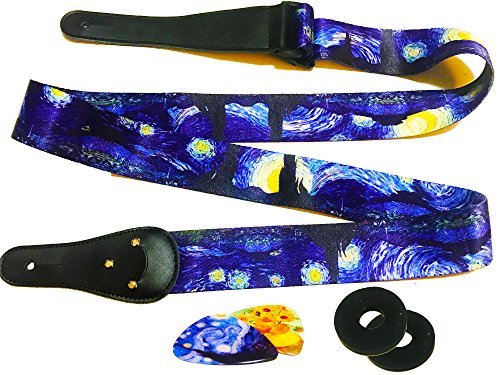 Art Tribute Van Gogh Starry Night Guitar Strap Bundle Includes 2 Strap Locks & 2 Matching Picks. Adjustable Polyester Guitar Strap - Suitable For Bass, Electric & Acoustic Guitars