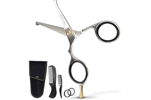 Ontaki 4.2” Japanese Steel Beard, Mustache, Nose & Ear Hair Trimming Scissors - Rounded-Tip, Hand-Forged, Ergonomic Bent Handles (Silver)