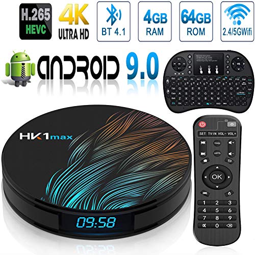 Android 9.0 TV Box, Gimibox HK1 MAX 4GB RAM 64GB ROM RK3318 Quad Core 64bit CPU 4K HD/WiFi 2.4GHz/ 5.8GHz / LAN 100M / H.265/ BT 4.1/ USB3.0 /H.265 Newest 4K Android Box with Wireless keybaord