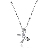 Reffeer Solid 925 Sterling Silver CZ Bow Necklace Chain for Women Teen Girls Crystal Bow Pendant Necklace