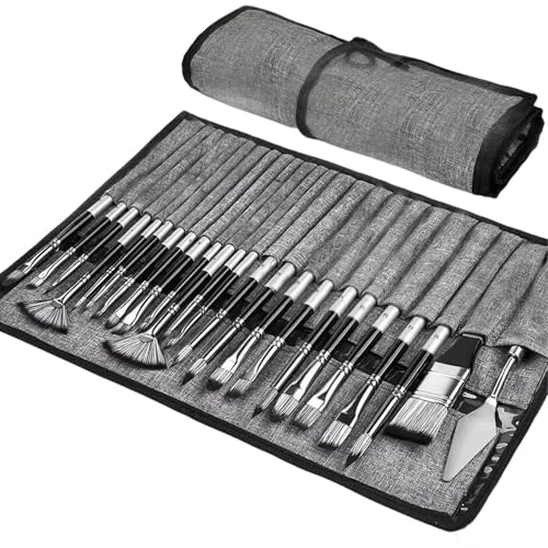 GODREAM Kit Pincel para Pintura em Tela 24 Peças com Estojo Portátil | Kit Pincel para Aquarela, Tinta Guache, Oleo, Acrilica e Artesanato, Presente Criativo para Menino e Menina