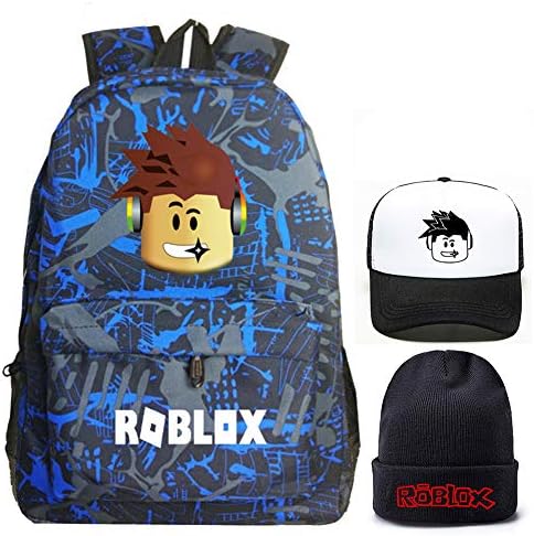 Roblox Backpack With Baseball Cap and Knitted Hat, Student Bookbag Laptop Backpack Travel Computer Bag for Boys Girls Kids Teenagers Game Fans Gift (Blue stripes)