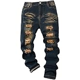 Nivne Tco Tween Boys Jeans 5-Pockets Vintage Street Dark Blue Ripped Frayed Elasticity Skinny Denim Pants with Zipper Fly