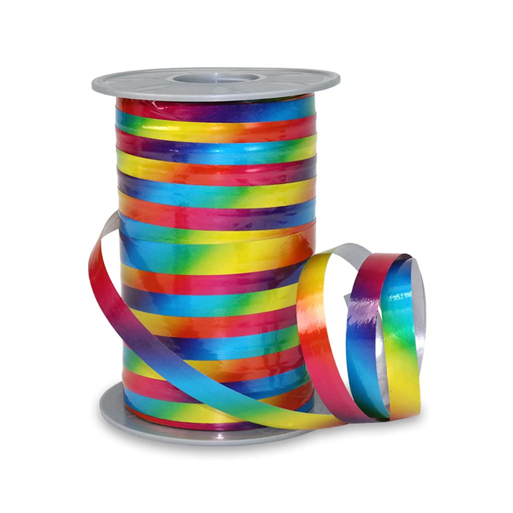 PRÄSENT Poly Rainbow Curling Ribbon - Rainbow Coloured, 200 m Gifts Band for Wrapping and Decorating, 10 mm Width, Decorative Ribbon for Easter Decorations, Balloons, Baby Showers,... - Easy to Curl