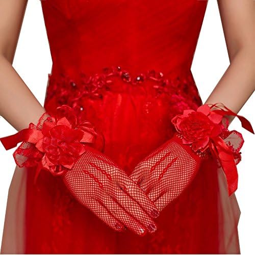 TNGFUTI Short Tulle Wedding Gloves for Bride Flower Five Finger Bridal Gloves 060RD