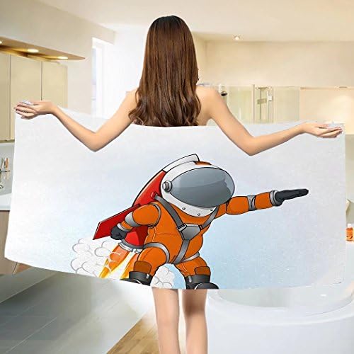 Fantasy Bath towel Astronaut Man Going to Space with Rocket Galactic Journey Science Illustration Cotton Beach Towel Orange Grey Red (55"x28")