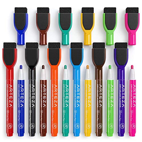 ARTEZA Dry Erase Markers with Eraser, Pack of 60, Fine Tip, 12