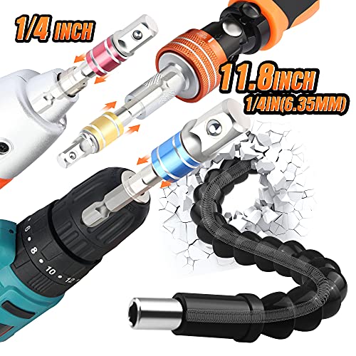 JelBo 11.8 Inch Flexible Shaft Extension Bits, Impact Driver Socket Adapter, 1/4 Hex Shank Magnetic Screwdriver Bit Holder Connect Link, Drill Socket Adapter for Power Drill.