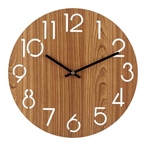 Ryuan 12 inch Wall Clock, Quartz Silent Non ticking Decorative wooden Battery Operated Analog, Vintage Rustic Country Tuscan Style for Living Room, Kitchen, Home, Office (Arabic Numeral)
