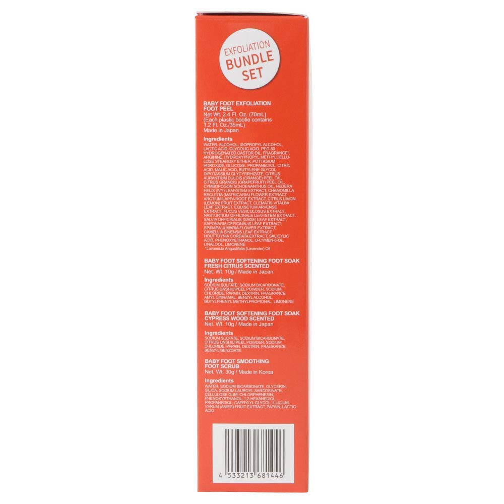 Baby Foot Spa Bundle - Original Exfoliant Foot Peel + 2 Foot Soaks and 1 Foot Scrub - Baby Feet Smoothening Foot Peel, Soak and Scrub - Citrus scent - Baby Soft Foot Exfoliation Bundle Set